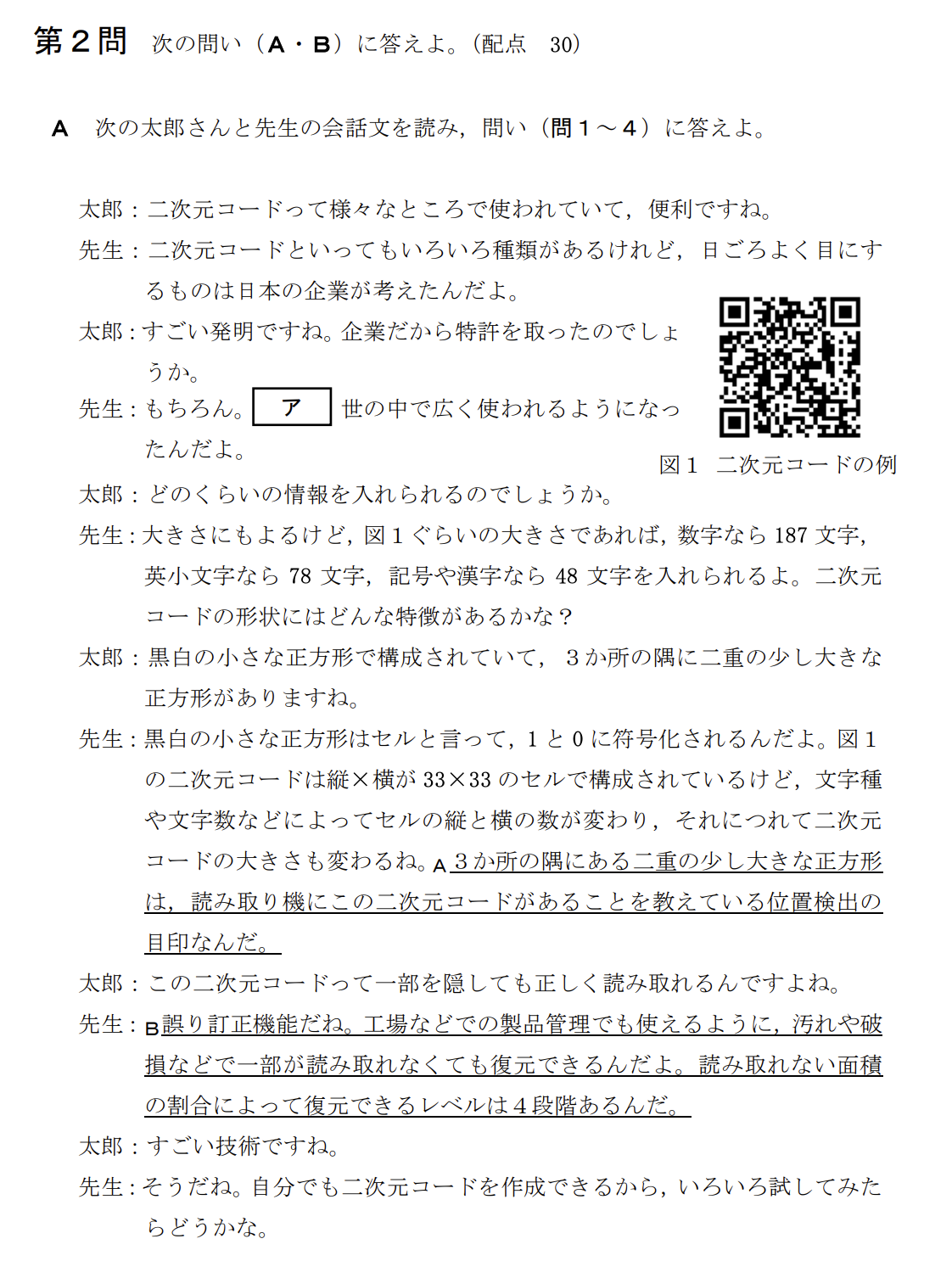次の太郎さんと先生の会話文を読み、問い（問1～4）に答えよ。

太郎：二次元コードって様々なところで使われていて、便利ですね。
先生：二次元コードといってもいろいろ種類があるけれど、日ごろよく目にするものは日本の企業が考えたんだよ。
太郎：すごい発明ですね。企業だから特許を取ったのでしょうか。
先生：もちろん。[ ア ] 世の中で広く使われるようになったんだよ。
太郎：どのくらいの情報を入れられるのでしょうか。
先生：大きさにもよるけど、図1ぐらいの大きさであれば、数字なら187文字、英小文字なら78文字、記号や漢字なら48文字を入れられるよ。二次元コードの形状にはどんな特徴があるかな？
太郎：黒白の小さな正方形で構成されていて、3か所の隅に二重の少し大きな正方形がありますね。
先生：黒白の小さな正方形はセルと言って、1と0に符号化されるんだよ。図1の二次元コードは縦×横が33×33のセルで構成されているけど、文字種や文字数などによってセルの縦と横の数が変わり、それにつれて二次元コードの大きさも変わるね。[ A ] 3か所の隅にある二重の少し大きな正方形は、読み取り機にこの二次元コードがあることを教えている位置検出の目印なんだ。
太郎：この二次元コードって一部を隠しても正しく読み取れるんですよね。
先生：[ B ] 誤り訂正機能だね。工場などでの製品管理でも使えるように、汚れや破損などで一部が読み取れなくても復元できるんだよ。読み取れない面積の割合によって復元できるレベルは4段階あるんだ。
太郎：すごい技術ですね。
先生：そうだね。自分でも二次元コードを作成できるから、いろいろ試してみたらどうかな。

(中略)

問4 次に、太郎さんは、図4のWebアプリケーションを使って試しに表2のI～IIIの三つの文字列について二次元コードを作成してみた。復元能力は7%と30%の両方を作成し、セルサイズもいろいろ変えてみたところ、表3に示す二次元コードが作成された。表3の空欄 [ オ ] ～ [ ク ] に当てはまる適当な二次元コードを、後の解答群のうちから一つずつ選べ。