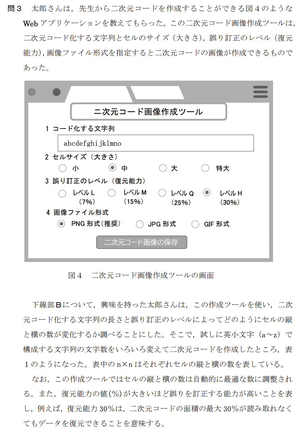 次の太郎さんと先生の会話文を読み、問い（問1～4）に答えよ。

太郎：二次元コードって様々なところで使われていて、便利ですね。
先生：二次元コードといってもいろいろ種類があるけれど、日ごろよく目にするものは日本の企業が考えたんだよ。
太郎：すごい発明ですね。企業だから特許を取ったのでしょうか。
先生：もちろん。[ ア ] 世の中で広く使われるようになったんだよ。
太郎：どのくらいの情報を入れられるのでしょうか。
先生：大きさにもよるけど、図1ぐらいの大きさであれば、数字なら187文字、英小文字なら78文字、記号や漢字なら48文字を入れられるよ。二次元コードの形状にはどんな特徴があるかな？
太郎：黒白の小さな正方形で構成されていて、3か所の隅に二重の少し大きな正方形がありますね。
先生：黒白の小さな正方形はセルと言って、1と0に符号化されるんだよ。図1の二次元コードは縦×横が33×33のセルで構成されているけど、文字種や文字数などによってセルの縦と横の数が変わり、それにつれて二次元コードの大きさも変わるね。[ A ] 3か所の隅にある二重の少し大きな正方形は、読み取り機にこの二次元コードがあることを教えている位置検出の目印なんだ。
太郎：この二次元コードって一部を隠しても正しく読み取れるんですよね。
先生：[ B ] 誤り訂正機能だね。工場などでの製品管理でも使えるように、汚れや破損などで一部が読み取れなくても復元できるんだよ。読み取れない面積の割合によって復元できるレベルは4段階あるんだ。
太郎：すごい技術ですね。
先生：そうだね。自分でも二次元コードを作成できるから、いろいろ試してみたらどうかな。

(中略)

問4 次に、太郎さんは、図4のWebアプリケーションを使って試しに表2のI～IIIの三つの文字列について二次元コードを作成してみた。復元能力は7%と30%の両方を作成し、セルサイズもいろいろ変えてみたところ、表3に示す二次元コードが作成された。表3の空欄 [ オ ] ～ [ ク ] に当てはまる適当な二次元コードを、後の解答群のうちから一つずつ選べ。