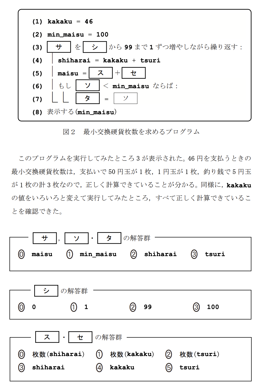 次の生徒(S)と先生(T)の会話文を読み、問い(問1~3)に答えよ。
S:この前、お客さんが460円の商品を買うのに、510円を払って、釣り銭50円を受け取っていたのを見て、授業で勉強したプログラミングで、そんな「上手な払い方」を計算するプログラムを作ってみたいと思いました。
T:いいですね。まず、「上手な払い方」とは何かを考える必要がありますね。ここでは、客が支払う枚数と釣り銭を受け取る枚数の合計を最小にする払い方を考えてみませんか?
(中略:100円以下の買い物とし、使う硬貨は1円、5円、10円、50円、100円玉のみとする)
【関数の説明】
枚数(金額)…引数として「金額」が与えられ、ちょうどその金額となる硬貨の組合せの中で、枚数が最小となる硬貨枚数が戻り値となる関数。
例:8円は「5円玉が1枚と1円玉が3枚」の組合せで最小の硬貨枚数になるので、枚数(8)の値は4となる。