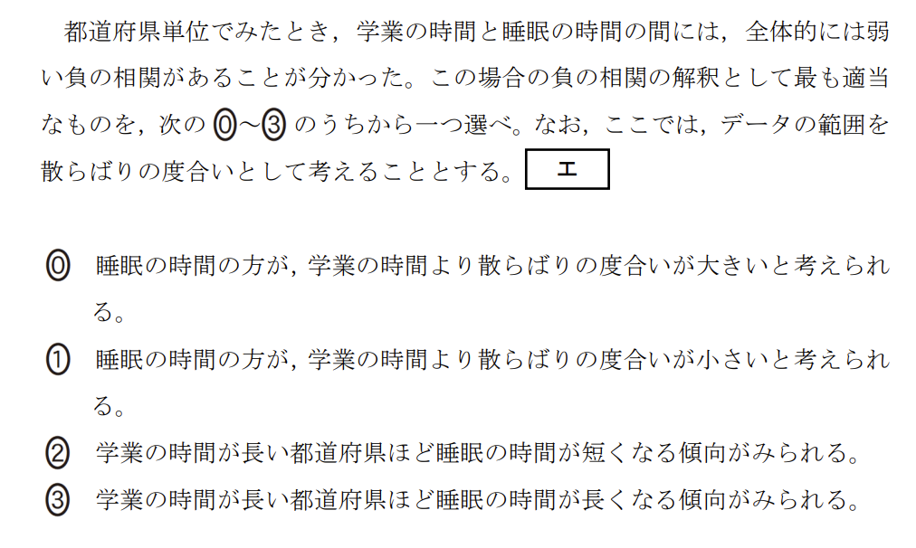 次の文章を読み、後の問い（問1～5）に答えよ。

次の表1は、国が実施した生活時間の実態に関する統計調査をもとに、15歳以上19歳以下の若年層について、都道府県別に平日1日の中で各生活行動に費やした時間（分）の平均値を、スマートフォン・パソコンなどの使用時間をもとにグループに分けてまとめたものの一部である。ここでは、1日のスマートフォン・パソコンなどの使用時間が1時間未満の人を表1-A、3時間以上6時間未満の人を表1-Bとしている。

（表1-A、表1-B：生活行動時間に関する都道府県別平均値）

花子さんたちは、表1-Aをスマートフォン・パソコンなどの使用時間が短いグループ、表1-Bをスマートフォン・パソコンなどの使用時間が長いグループと設定し、これらのデータから、スマートフォン・パソコンなどの使用時間と生活行動に費やす時間の関係について分析してみることにした。
ただし、表1-A、表1-Bにおいて一か所でも項目のデータに欠損値がある場合は、それらの都道府県を除外したものを全体として考える。なお、以下において、データの範囲については、外れ値も含めて考えるものとする。